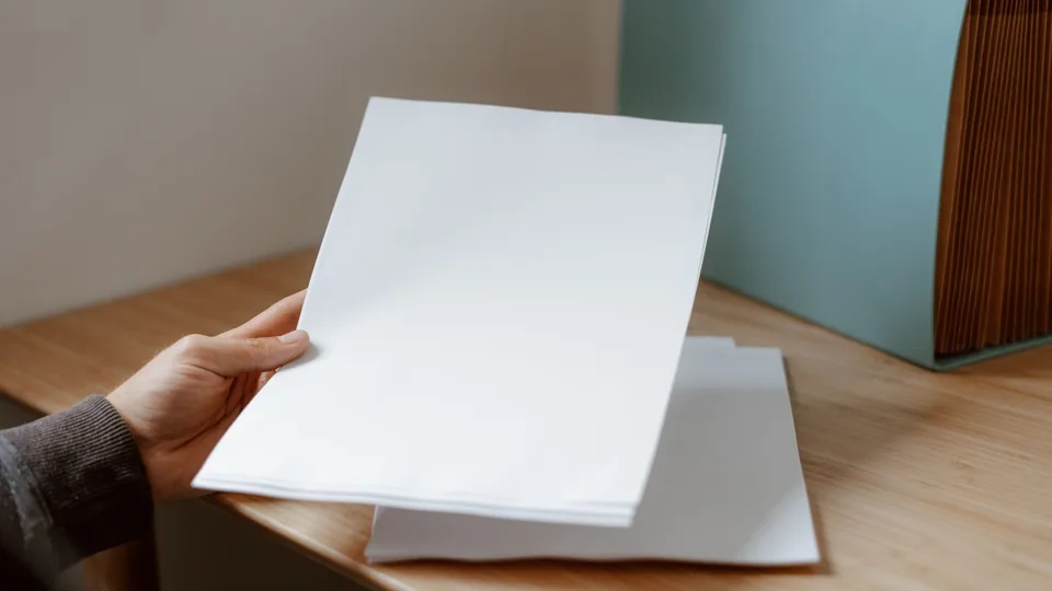 木の机で手が白紙の束を持ち、奥に青緑の書類ファイルが置かれている